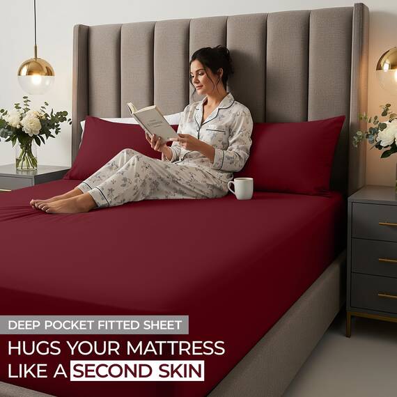 Utopia Bedding Kingsize-Spannbetttuch mit extra tiefen Taschen, passend für Matratzen bis zu 53,3 cm, schrumpf- und farbbeständig, pflegeleicht, nur 1 Spannbetttuch mit tiefen Taschen, Burgundrot