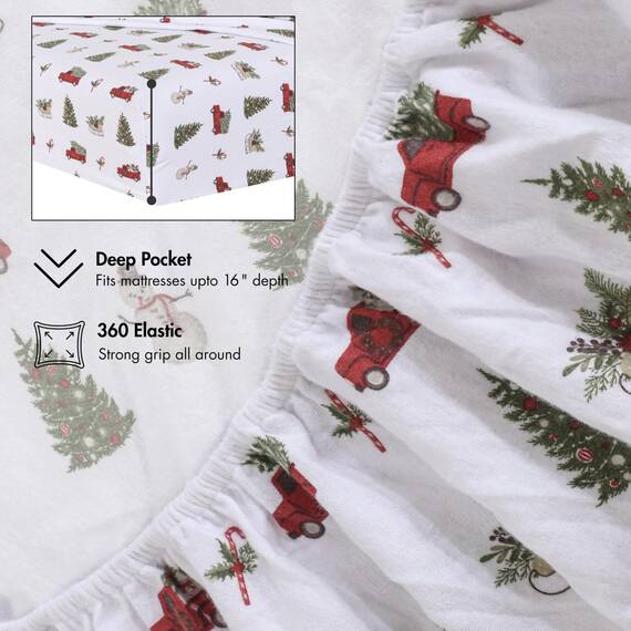 RUVANTI 100% Baumwolle, 4-teiliges Flanell-Bettlaken, Queen-Size, Tiefe Tasche, warm, super weich, atmungsaktiv, feuchtigkeitsableitend, Spannbetttuch, 2 Kissenbezüge – Jingle Bell
