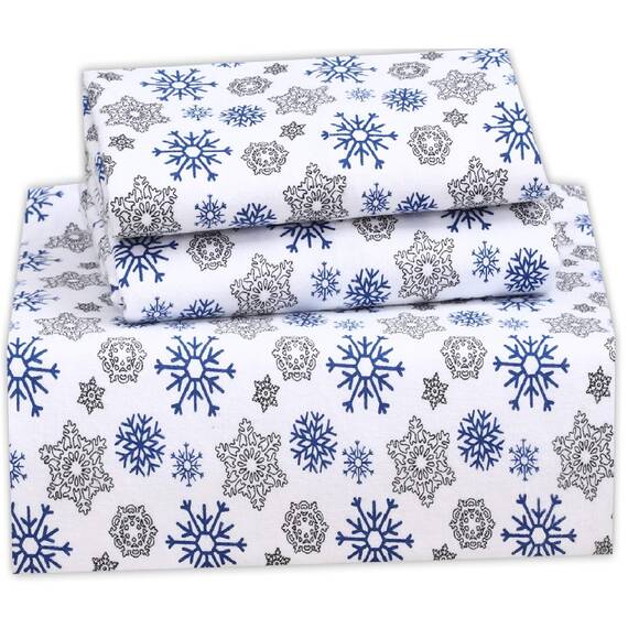 Ruvanti 100% Cotton 4 Piece Flannel Sheets Queen Snow Flake Print Deep Pocket -Warm-Super Soft - Breathable Moisture Wicking Flannel Bed Sheet Set Queen Include Flat Sheet, Fitted Sheet 2 Pillowcases