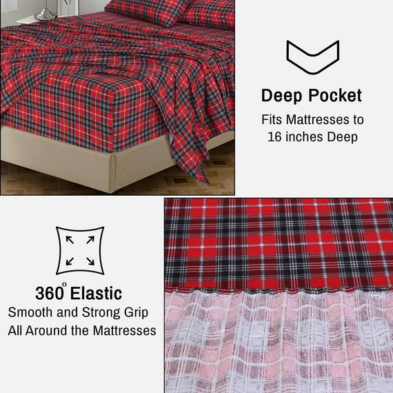 Ruvanti 4-teiliges Flanell-Bettwäsche-Set für Queen-Size-Betten, 100% Baumwolle, mit tiefen Taschen, warm, inklusive Bettlaken, Spannbetttuch und 2 Kissenbezügen (Kariertes Weihnachtsmotiv)