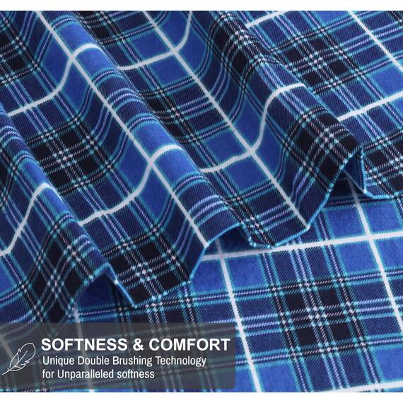 RUVANTI 100% Baumwolle, 4-teiliges Flanell-Bettwäsche-Set für Queen-Size-Betten, Tiefe Taschen, warm, superweich, atmungsaktiv, Spannbetttuch und 2 Kissenbezügen (Queensize, blaues Karomot)