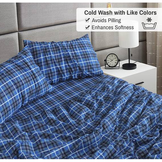 RUVANTI 100% Baumwolle, 4-teiliges Flanell-Bettwäsche-Set für Queen-Size-Betten, Tiefe Taschen, warm, superweich, atmungsaktiv, Spannbetttuch und 2 Kissenbezügen (Queensize, blaues Karomot)