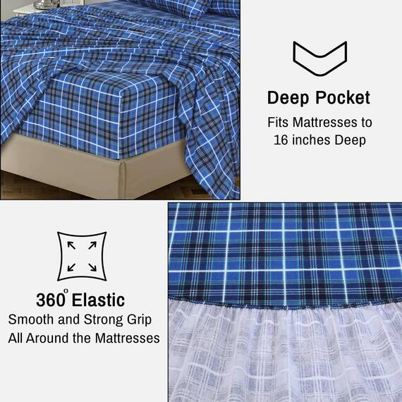 RUVANTI 100% Baumwolle, 4-teiliges Flanell-Bettwäsche-Set für Queen-Size-Betten, Tiefe Taschen, warm, superweich, atmungsaktiv, Spannbetttuch und 2 Kissenbezügen (Queensize, blaues Karomot)
