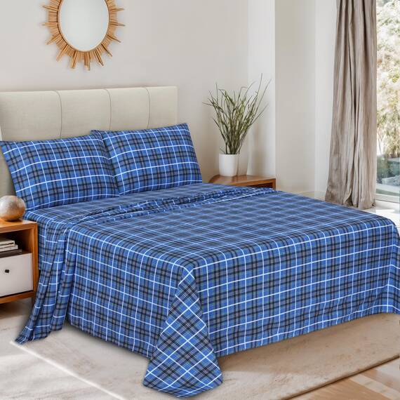 RUVANTI 100% Baumwolle, 4-teiliges Flanell-Bettwäsche-Set für Queen-Size-Betten, Tiefe Taschen, warm, superweich, atmungsaktiv, Spannbetttuch und 2 Kissenbezügen (Queensize, blaues Karomot)