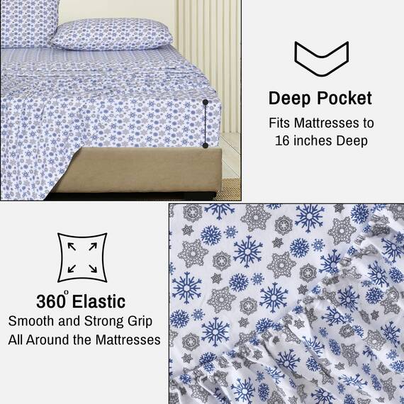 Ruvanti 100% Cotton 4 Piece Flannel Sheets Queen Snow Flake Print Deep Pocket -Warm-Super Soft - Breathable Moisture Wicking Flannel Bed Sheet Set Queen Include Flat Sheet, Fitted Sheet 2 Pillowcases