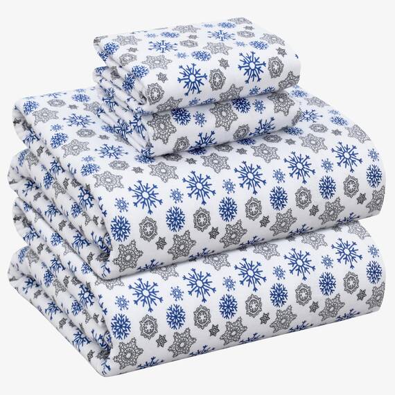 Ruvanti 100% Cotton 4 Piece Flannel Sheets Queen Snow Flake Print Deep Pocket -Warm-Super Soft - Breathable Moisture Wicking Flannel Bed Sheet Set Queen Include Flat Sheet, Fitted Sheet 2 Pillowcases