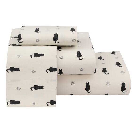 RUVANTI Flanell-Bettwäsche-Set, 100% Baumwolle, doppelt gebürstet, Tiefe Taschen, 40,6 cm, für alle Jahreszeiten, atmungsaktiv und extra weich, warm und gemütlich, 4-teilig, Schwarze Katze