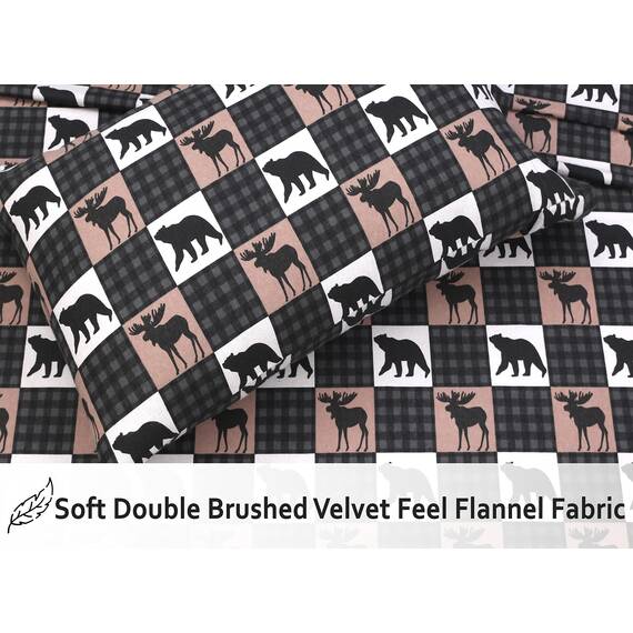 Ruvanti 100 % Baumwolle, 4 Stück Flanell-Bettlaken, volle tiefe Tasche, warm, super weich, atmungsaktiv, feuchtigkeitstransportierend, volle Größe, Spannbetttuch, 2 Kissenbezüge – Wilderness Plaid