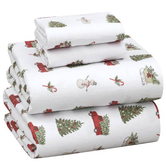 RUVANTI 100% Baumwolle, 4-teiliges Flanell-Bettlaken, volle Tasche, warm, super weich, atmungsaktiv, feuchtigkeitsableitend, volle Größe, Spannbetttuch, 2 Kissenbezüge – Jingle Bell