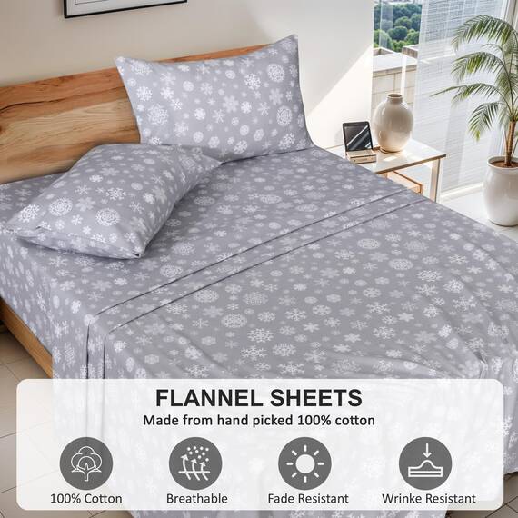 RUVANTI Flanell-Bettwäsche-Set, 100 % Baumwolle, doppelt gebürstet, tiefe Taschen, 40,6 cm, für alle Jahreszeiten, atmungsaktiv und extra weich, warm und gemütlich, 4-teilig, Schneeflocken