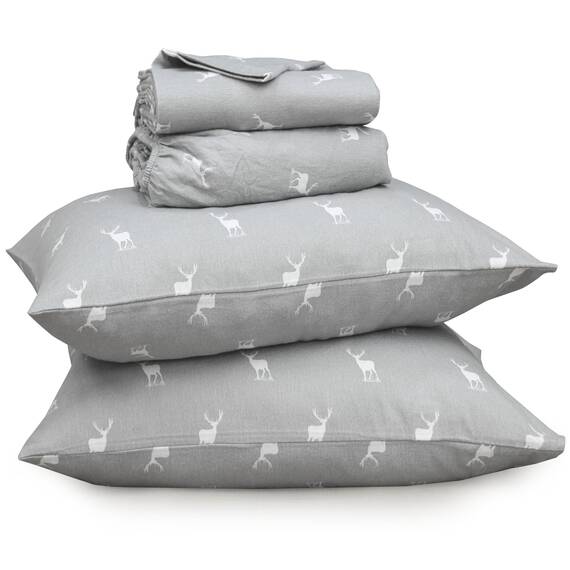 Ruvanti 100% Baumwolle, 4-teiliges Flanell-Bettlaken, volle Tasche, warm, super weich, atmungsaktiv, feuchtigkeitsableitend, volle Größe, Spannbetttuch, 2 Kissenbezüge – Braunes Hirsch