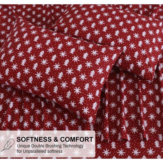 RUVANTI Flanell-Bettlaken-Set, 100% Baumwolle, doppelt gebürstet, Tiefe Taschen, 40,6 cm, für alle Jahreszeiten, atmungsaktiv und extra weich, warm und gemütlich, 4-teilig, Rot Weihnachten
