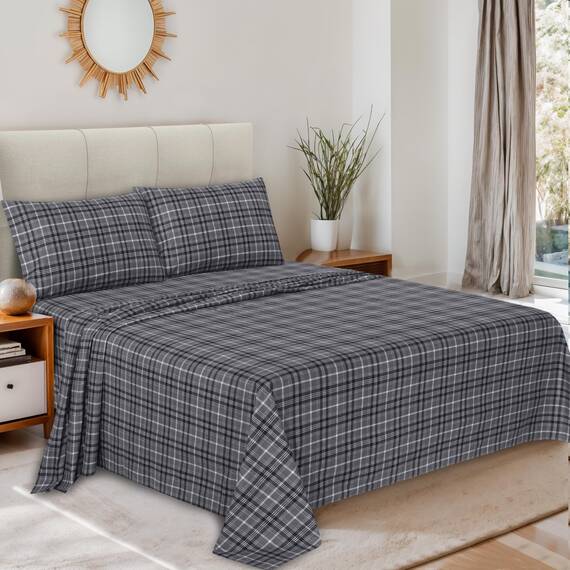 RUVANTI 4-teiliges Flanell-Bettlaken-Set aus 100% Baumwolle, mit tiefen Taschen, warm, superweich, atmungsaktiv, Bettlaken, Spannbetttuch und 2 Kissenbezügen (Büffelkaromiert)