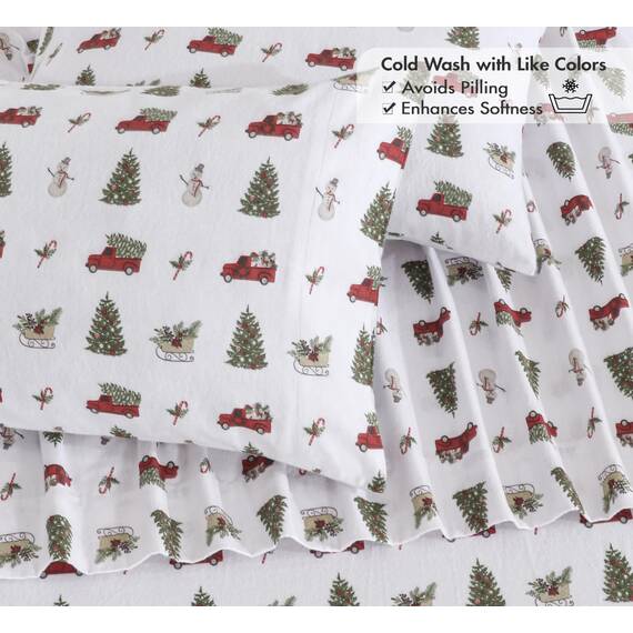 RUVANTI 100 % Baumwolle, 3-teiliges Flanell-Bettlaken-Set, Doppelbett, tiefe Tasche, warm, super weich, atmungsaktiv, feuchtigkeitsableitend, Spannbetttuch, 1 Kissenbezug – Jingle Bell