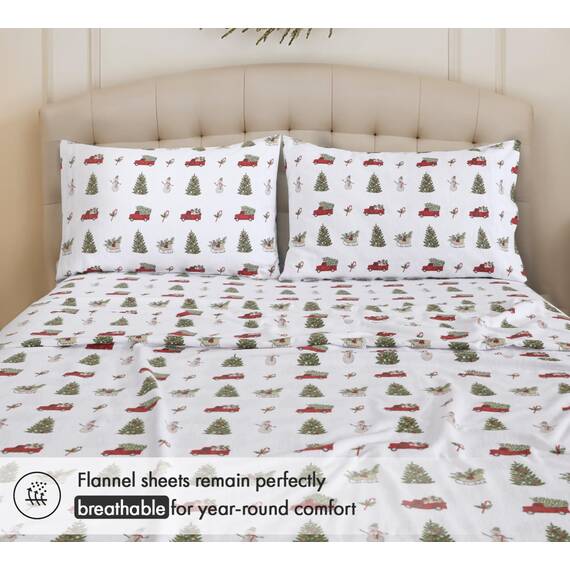 RUVANTI 100 % Baumwolle, 3-teiliges Flanell-Bettlaken-Set, Doppelbett, tiefe Tasche, warm, super weich, atmungsaktiv, feuchtigkeitsableitend, Spannbetttuch, 1 Kissenbezug – Jingle Bell