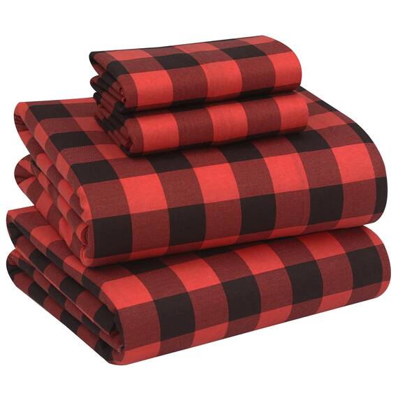 RUVANTI Bettlaken-Set aus 100 % Baumwollflanell, rot und schwarz kariert, Kingsize-Bett
