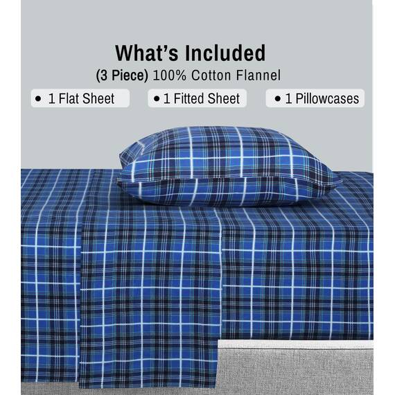 RUVANTI 100% Baumwolle, 3-teiliges Flanell-Bettlaken-Set, Doppelbett, Tiefe Tasche, warm, super weich, atmungsaktiv, feuchtigkeitsableitend, Spannbetttuch, 1 Kissenbezug – Blau kariert