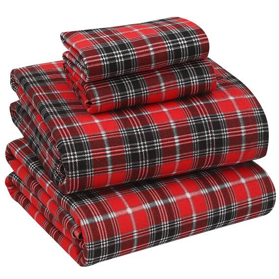 Ruvanti 100 % Baumwolle, 4 Stück, Flanell-Bettlaken, Kingsize-Bett, tiefe Tasche, warm, super weich, atmungsaktiv, 2 Kissenbezüge, rot kariert