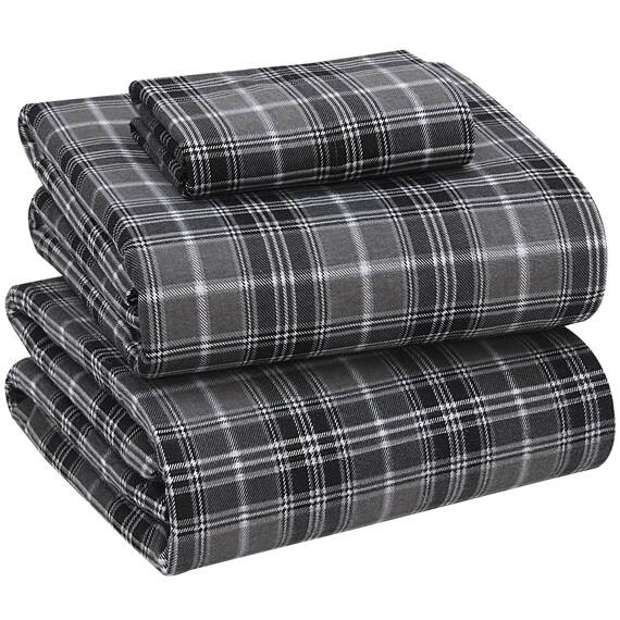 Ruvanti 100 % Baumwolle, 3-teiliges Flanell-Bettwäsche-Set für Doppelbett, tiefe Tasche, warm, super weich, atmungsaktiv, Spannbetttuch, 1 Kissenbezug – Grau kariert