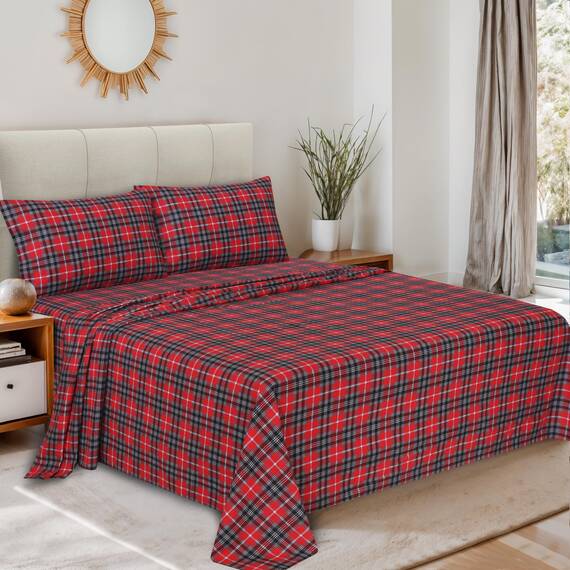 Ruvanti 100 % Baumwolle, 4 Stück, Flanell-Bettlaken, Kingsize-Bett, tiefe Tasche, warm, super weich, atmungsaktiv, 2 Kissenbezüge, rot kariert