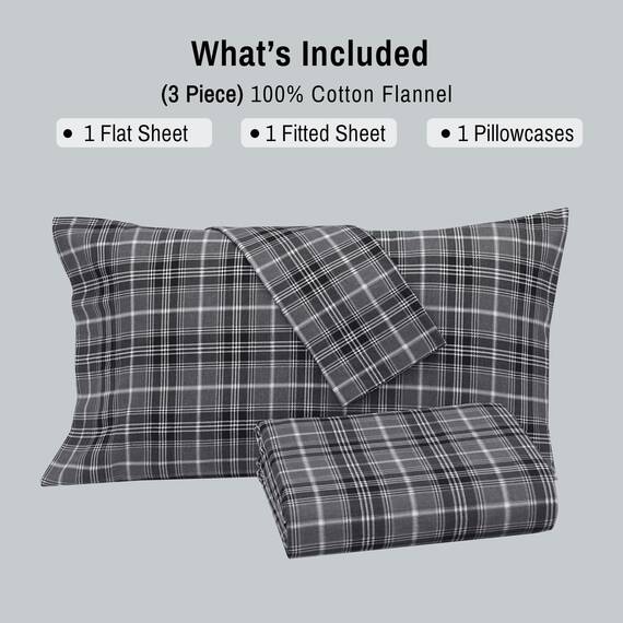 Ruvanti 100 % Baumwolle, 3-teiliges Flanell-Bettwäsche-Set für Doppelbett, tiefe Tasche, warm, super weich, atmungsaktiv, Spannbetttuch, 1 Kissenbezug – Grau kariert