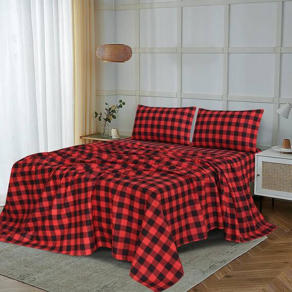RUVANTI Bettlaken-Set aus 100 % Baumwollflanell, rot und schwarz kariert, Kingsize-Bett