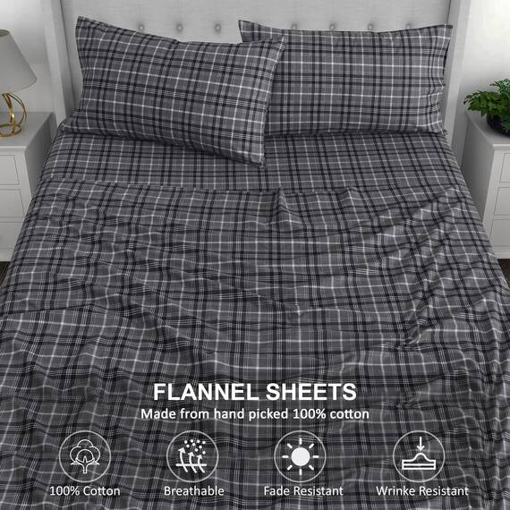 Ruvanti 100 % Baumwolle, 3-teiliges Flanell-Bettwäsche-Set für Doppelbett, tiefe Tasche, warm, super weich, atmungsaktiv, Spannbetttuch, 1 Kissenbezug – Grau kariert