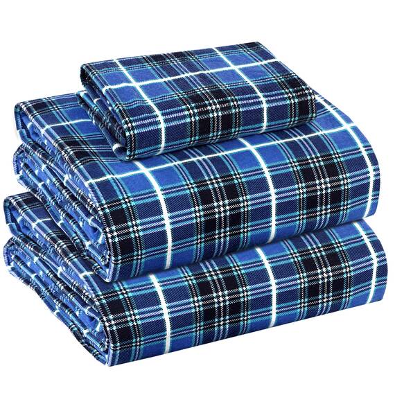 RUVANTI 100% Baumwolle, 3-teiliges Flanell-Bettlaken-Set, Doppelbett, Tiefe Tasche, warm, super weich, atmungsaktiv, feuchtigkeitsableitend, Spannbetttuch, 1 Kissenbezug – Blau kariert