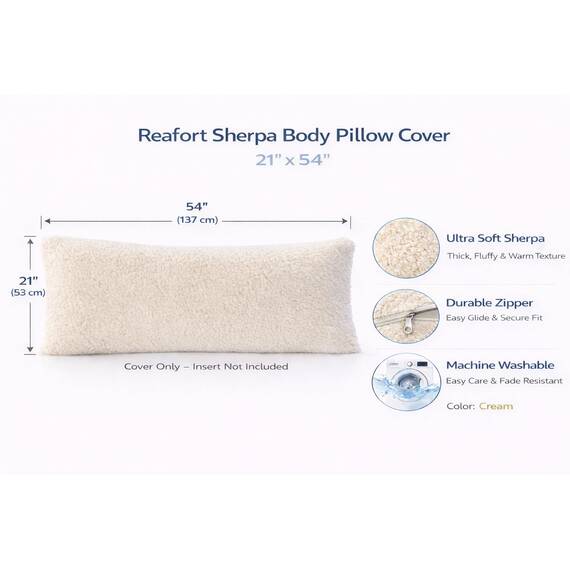 Reafort Ultra Soft Sherpa Körper-Kissen Cover/Case mit Reißverschluss Sahne 21 "X54