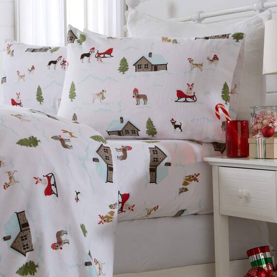 Great Bay Home 100% türkische Baumwolle Queen-Size-Flanell-Bettwäsche-Set,Tiefe Tasche, weiche Weihnachtslaken,warme,Anti-Pilling-Flanell-Bettlaken (Queen, Winterwelpen)
