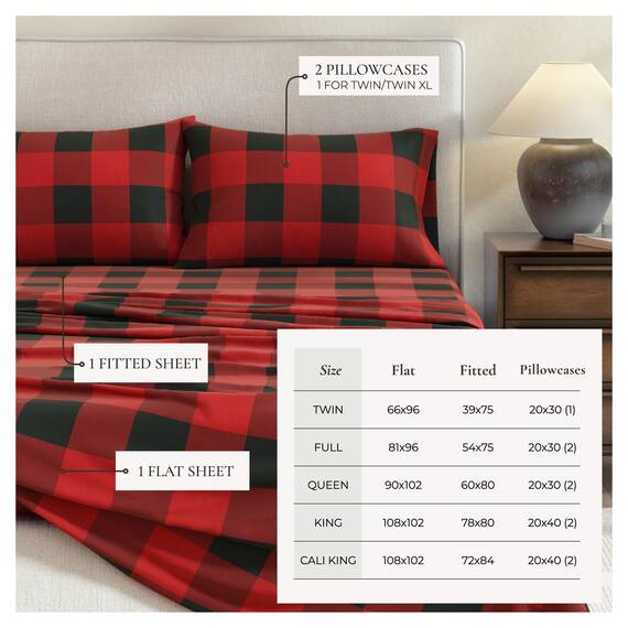 Great Bay Home Flanell-Bettwäsche-Set, Queen-Size-Größe, 100 % türkische Baumwolle, doppelt gebürstet, bedruckt, ultraweich, gemütlich, 4-teiliges Bettwäsche-Set (Büffelkaro, Rot/Schwarz)
