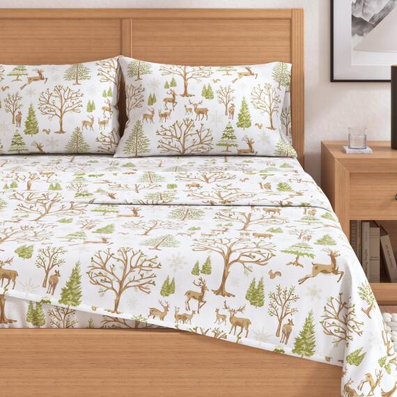 Great Bay Home Flanell-Bettwäsche-Set, Doppelbett, 100 % türkische Baumwolle, doppelt gebürstet, Lodge-bedruckt, ultraweich, gemütlich, 4-teiliges Bettwäsche-Set (New Enchanted Woods)