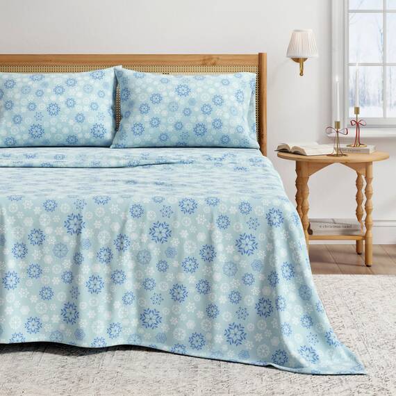 Great Bay Home Bettlaken-Set aus 100% türkischer Baumwolle, Flanell, Tiefe Tasche, weiche Laken,warme Winter-Bettlaken,Anti-Pilling-Flanell-Bettlaken (Queen, Blaue Schneeflocke)