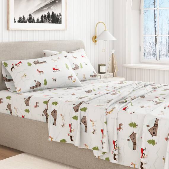 Great Bay Home 100% türkische Baumwolle Queen-Size-Flanell-Bettwäsche-Set,Tiefe Tasche, weiche Weihnachtslaken,warme,Anti-Pilling-Flanell-Bettlaken (Queen, Winterwelpen)
