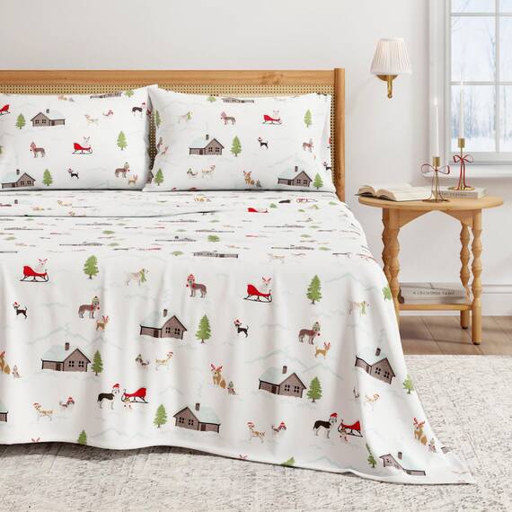Great Bay Home 100% türkische Baumwolle Queen-Size-Flanell-Bettwäsche-Set,Tiefe Tasche, weiche Weihnachtslaken,warme,Anti-Pilling-Flanell-Bettlaken (Queen, Winterwelpen)
