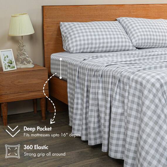 Ruvanti 4-teiliges Flanell-Bettwäsche-Set Queen Balance Karomuster Grau Tiefe Taschenwärmer Super weich – atmungsaktiv Feuchtigkeitstransport Flanell-Bettlaken-Set Queen-Size-Bett mit Bettlaken