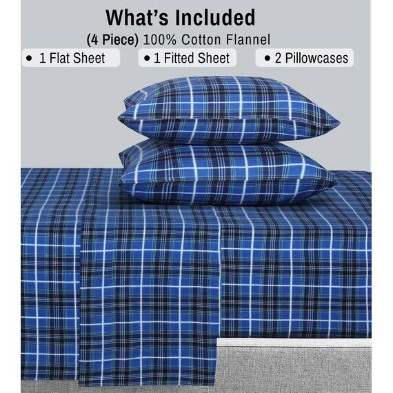 Ruvanti 4-teiliges Flanell-Bettwäsche-Set aus 100 % Baumwolle mit tiefen Taschen, warm, superweich, atmungsaktiv, Spannbetttuch und 2 Kissenbezügen (California King Size, Blue Plaid)