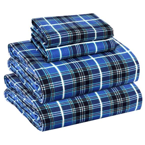 Ruvanti 4-teiliges Flanell-Bettwäsche-Set aus 100 % Baumwolle mit tiefen Taschen, warm, superweich, atmungsaktiv, Spannbetttuch und 2 Kissenbezügen (California King Size, Blue Plaid)