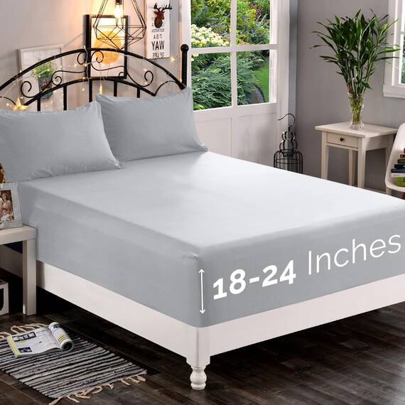 Elegant Comfort,Spannbettlaken, Fadenzahl 1500, ultraweich, 46–61 cm, extra Tiefe Spannhöhe, Einzelbett-Spannbetttuch für hohe Matratze, knitterfrei, mit Aufbewahrungstaschen, California King, Silber