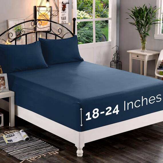 Elegant Comfort, Spannbettlaken, Fadenzahl 1500, ultraweich, 46–61 cm, extra Tiefe Tasche, Einzelbett-Spannbetttuch für hohe Matratze, knitterfrei, mit Aufbewahrungstaschen, Doppelbett, Marineblau