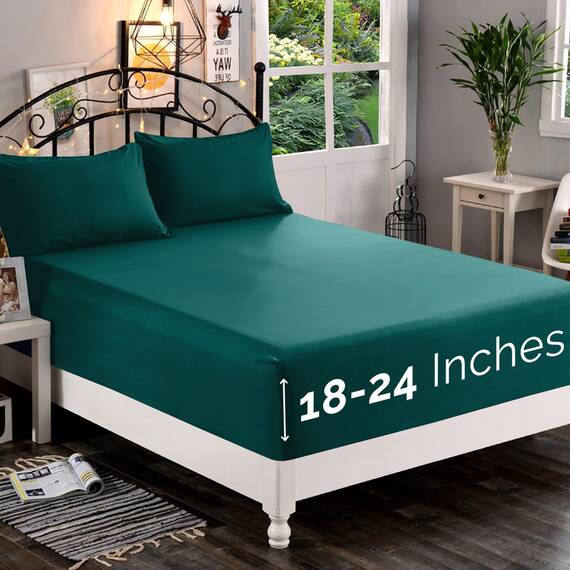 Elegant Comfort, Spannbettlaken, Fadenzahl 1500, ultraweich, 46–61 cm, extra Tiefe Tasche, Einzelbett-Spannbetttuch für hohe Matratze, knitterfrei, mit Aufbewahrungstaschen, Doppelbett, Blaugrün