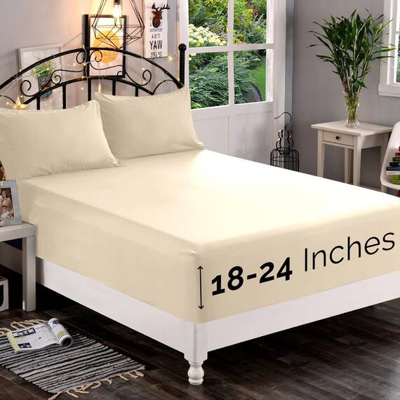Elegant Comfort, Spannbettlaken, Fadenzahl 1500, ultraweich, 46–61 cm, extra Tiefe Tasche, Einzelbett-Spannbetttuch für hohe Matratze, knitterfrei, mit Aufbewahrungstaschen, California King, Creme