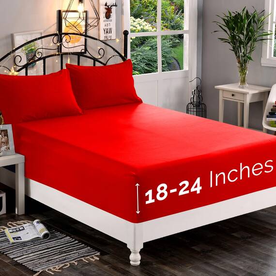 Elegant Comfort, Spannbettlaken, Fadenzahl 1500, ultraweich, 46–61 cm, extra Tiefe Tasche, Einzelbett-Spannbetttuch für hohe Matratze, knitterfrei, mit Aufbewahrungstaschen, Doppelbett, Rot