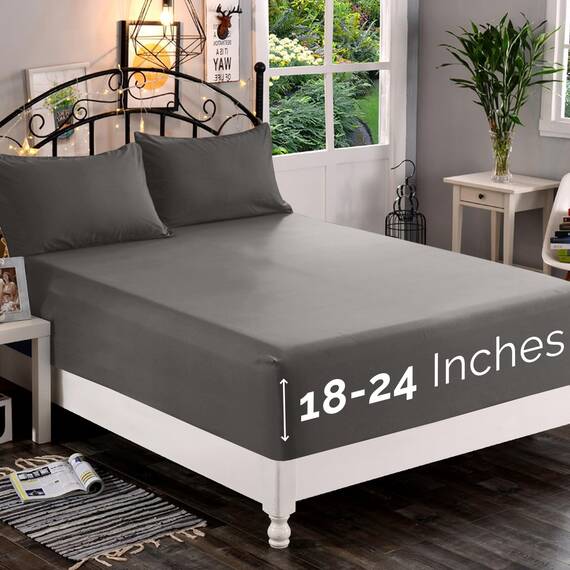 Elegant Comfort, Spannbettlaken, Fadenzahl 1500, ultraweich, 46–61 cm, extra Tiefe Spannhöhe, Einzelbett-Spannbetttuch für hohe Matratze, knitterfrei, mit Aufbewahrungstaschen, King, Grau