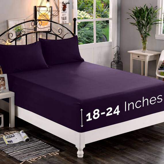 Elegant Comfort, Spannbettlaken, Fadenzahl 1500, ultraweich, 46–61 cm, extra Tiefe Spannhöhe, Einzelbett-Spannbetttuch für hohe Matratze, knitterfrei, mit Aufbewahrungstaschen, Queen, Lila