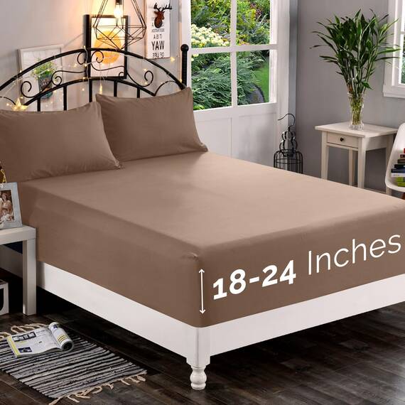 Elegant Comfort 1500 Premium Spannbettlaken, ultraweich, 46–61 cm, extra Tiefe Tasche, Einzelbett-Spannbetttuch für hohe Matratze, knitterfrei, mit Aufbewahrungstaschen, Queen, Taupe