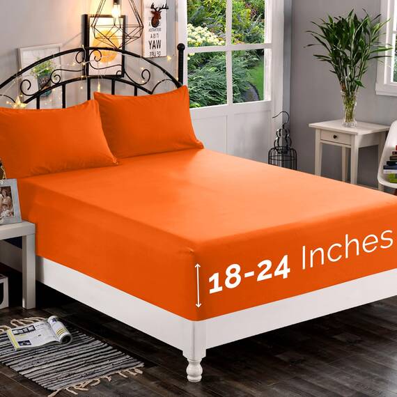 Elegant Comfort, Spannbettlaken, Fadenzahl 1500, ultraweich, 46–61 cm, extra Tiefe Tasche, Einzelbett-Spannbetttuch für hohe Matratze, knitterfrei, mit Aufbewahrungstaschen, King, Orange