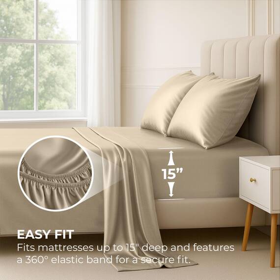 Satin Sheets King [4-teilig, Champagner-Gold] Luxuriöses seidiges Hotel-Bettwäsche-Set, extra weiches 1800 Mikrofaser, knitterfrei, farbecht, schmutzabweisend, tiefes Spannbetttuch, Bettlaken