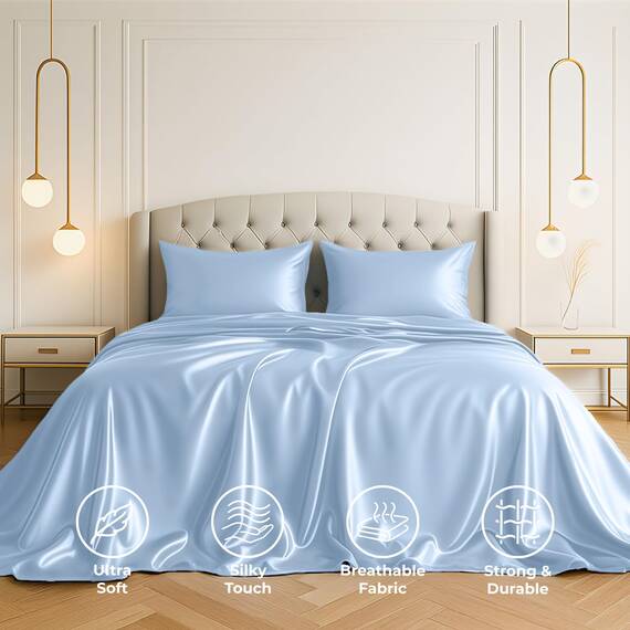 Satin Sheets Queen [4-teilig, Babyblau] Luxuriöses seidiges Hotel-Bettwäsche-Set, extra weiches 1800 Mikrofaser, knitterfrei, farbecht, schmutzabweisend, tiefes Spannbetttuch, Bettlaken, Kissenbezüge