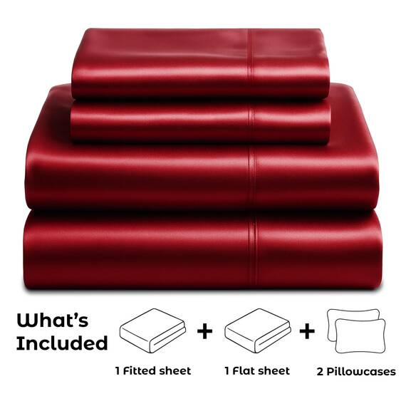 Satin Sheets California King [4-teilig, Burgunderrot] Luxuriöses seidiges Bettlaken-Set, extra weiches 1800 Mikrofaser, knitterfrei, farbecht, schmutzabweisend, tiefes Spannbetttuch, Bettlaken